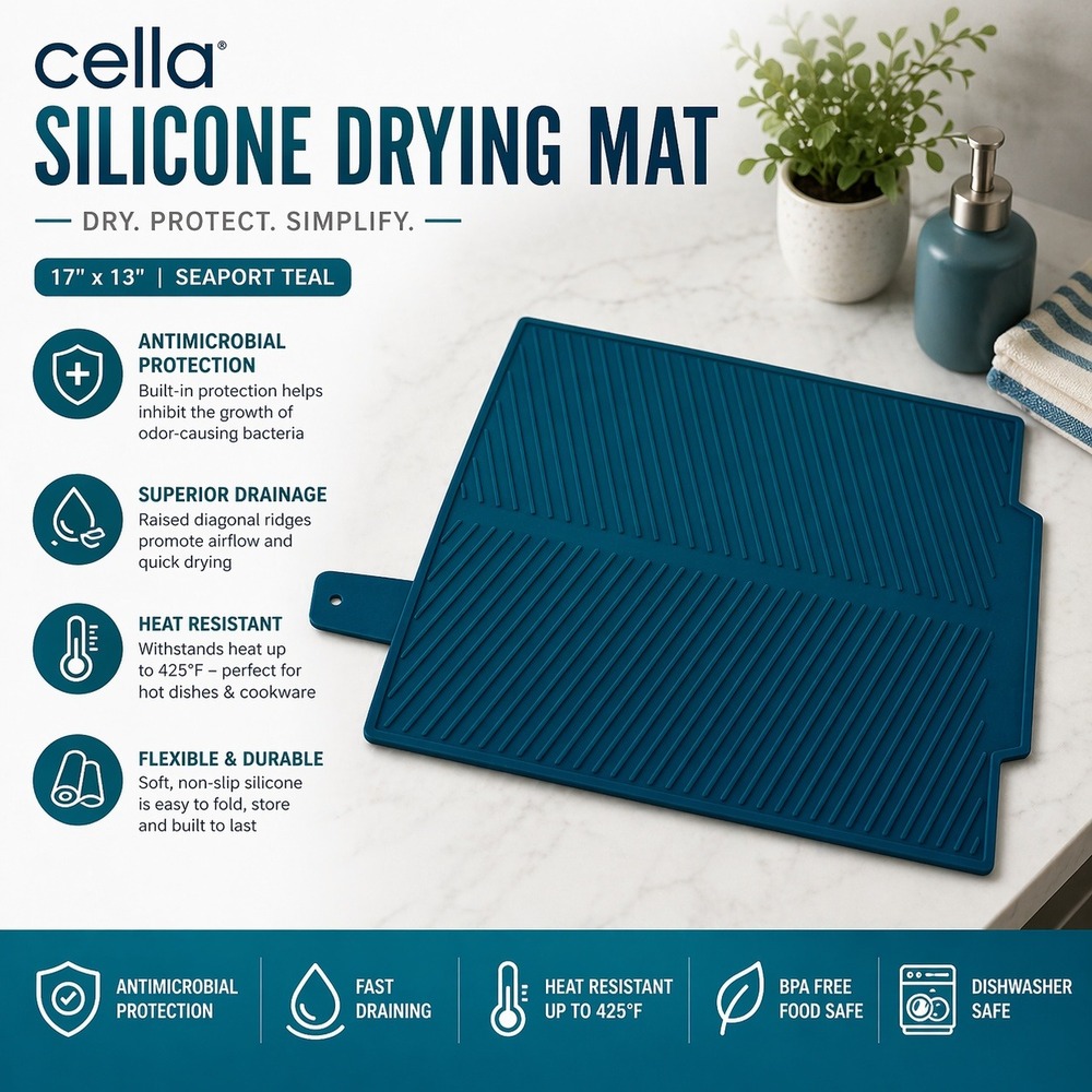 Cella 17x13 Silicone Antimicrobial‎ Drying Mat Seaport Teal Dishwasher Safe